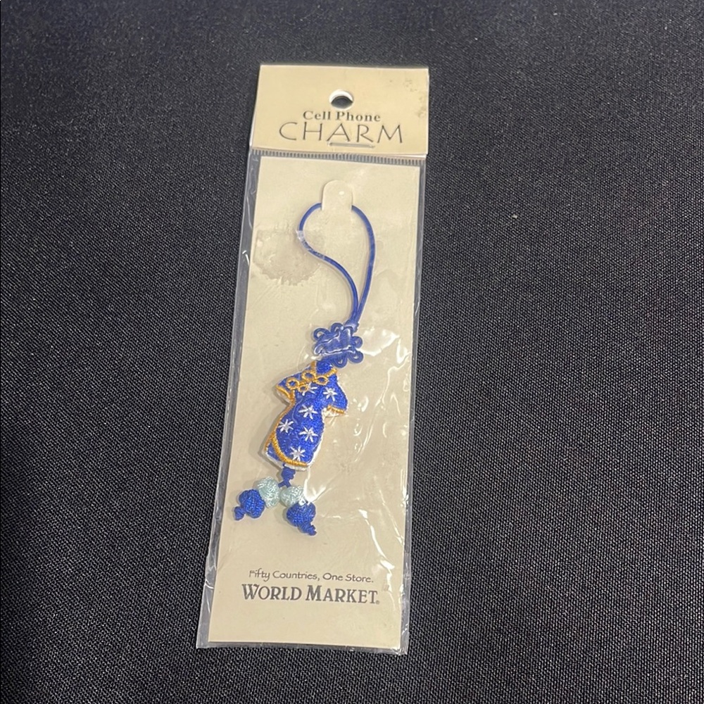 World Market Cost Plus  Blue Cell Phone Charm with Floral Design New in Pack